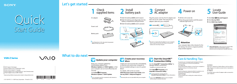 Page 1 de la notice Guide d'installation Sony Vaio VGN-Z899GRB