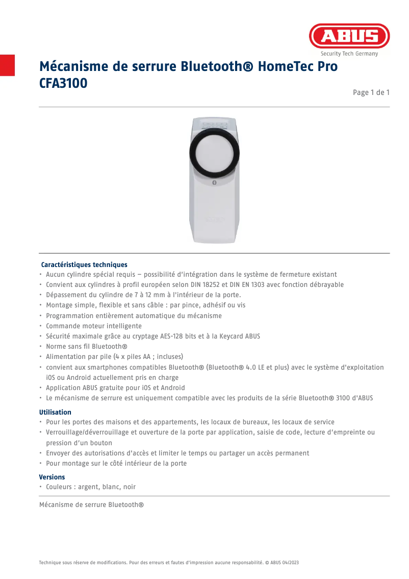 Página 1 del manual Ficha técnica Abus CFA3100