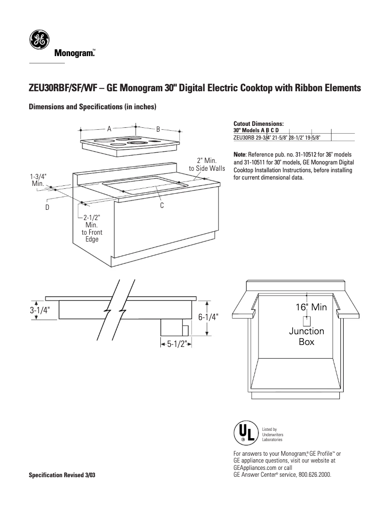 Page 1 of the manual Technical Sheet GE ZEU30RSFSS