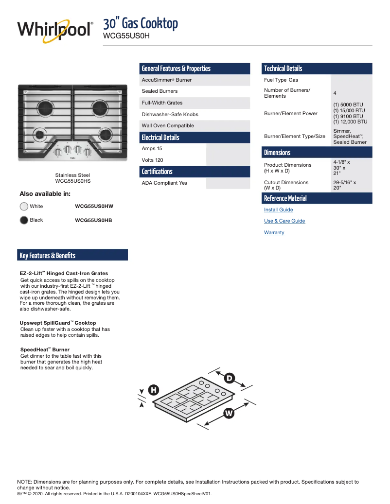 Página 1 del manual Ficha técnica Whirlpool WCG55US0HB