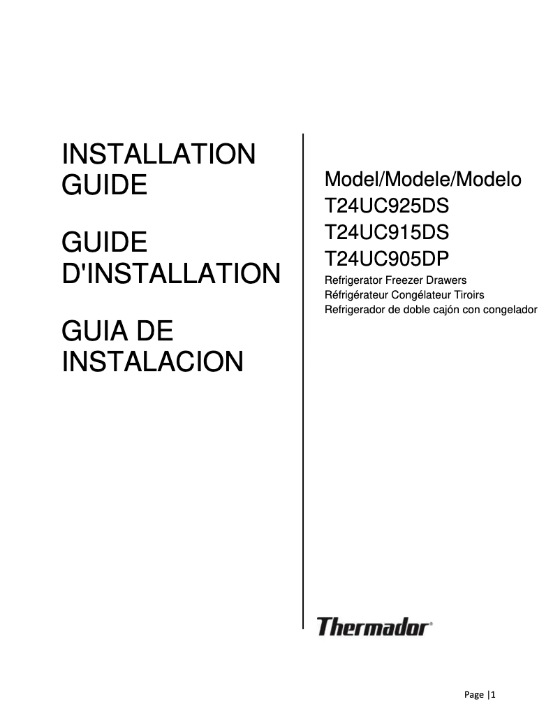 Page 1 de la notice Guide d'installation Thermador T24UC905DP