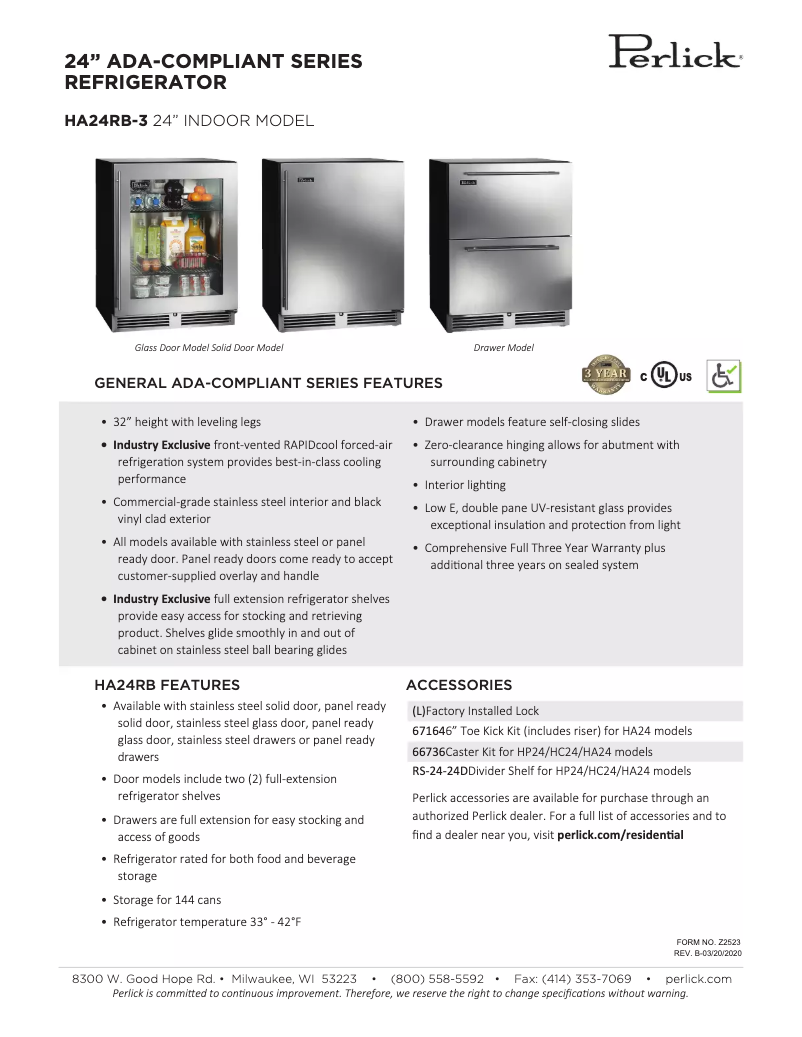 Page 1 de la notice Fiche technique Perlick ADA CompliantHA24RB-3-2L