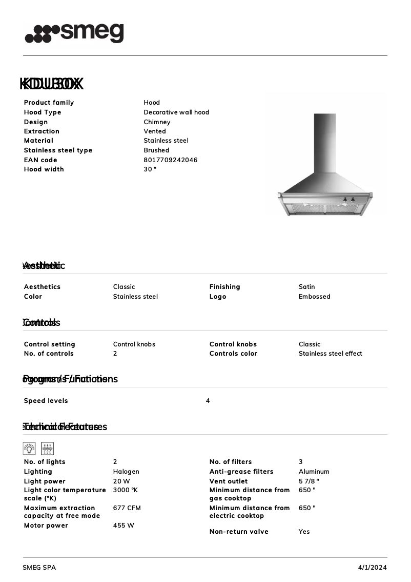 Page 1 de la notice Fiche technique Smeg KDU30X