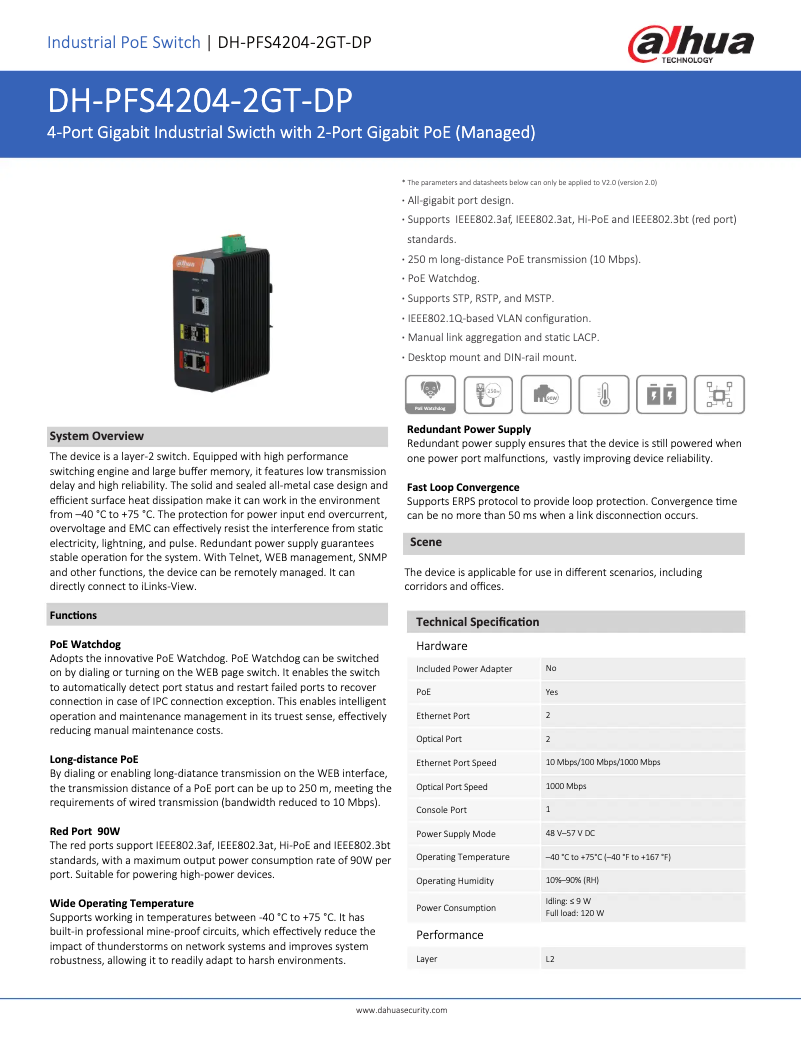Page 1 de la notice Fiche technique Dahua Technology PFS4204-2GT-DP
