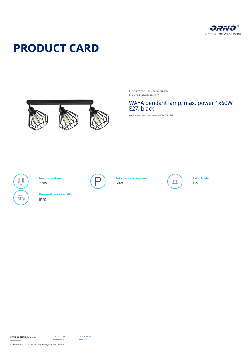 Page 1 de la notice Fiche technique Adviti AD-LD-6262BE27M
