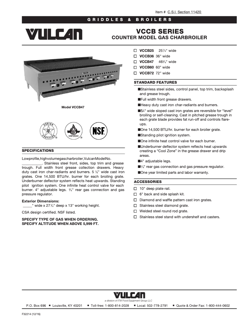 Page 1 de la notice Fiche technique Vulcan VCCB72