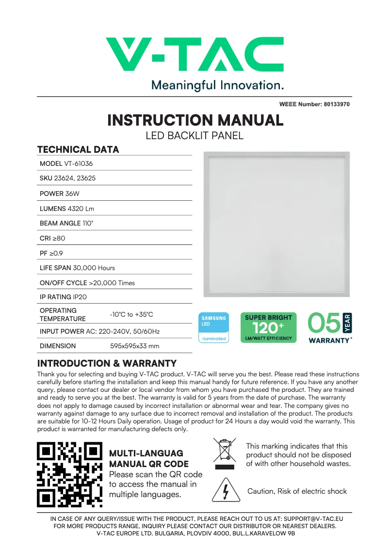 Page 1 de la notice Manuel utilisateur V-TAC VT-61036