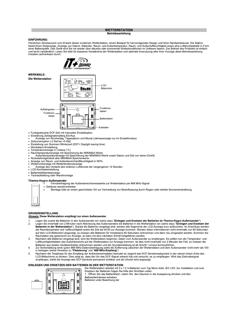 Page 1 de la notice Manuel utilisateur Techno Line WS 9274