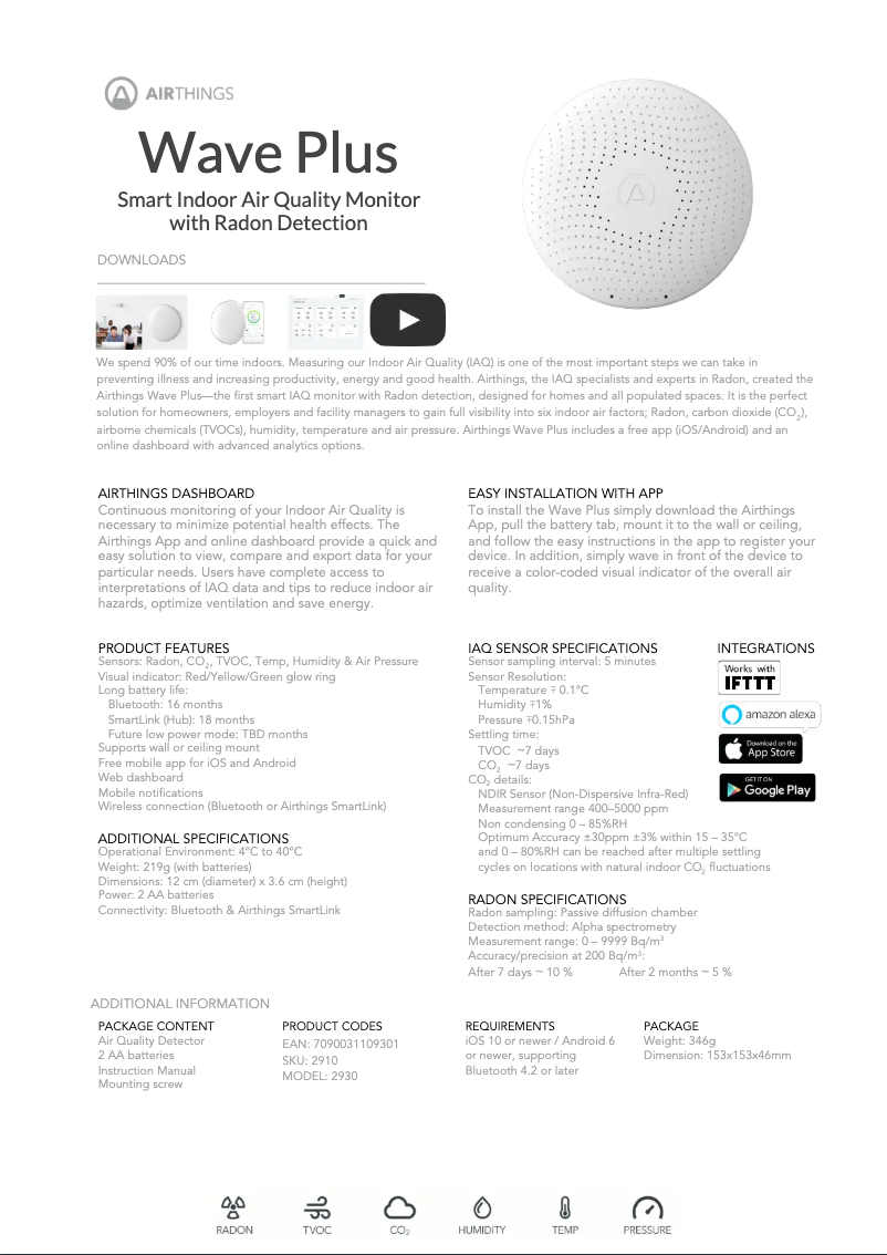 Page 1 of the manual Technical Sheet Airthings Wave Plus