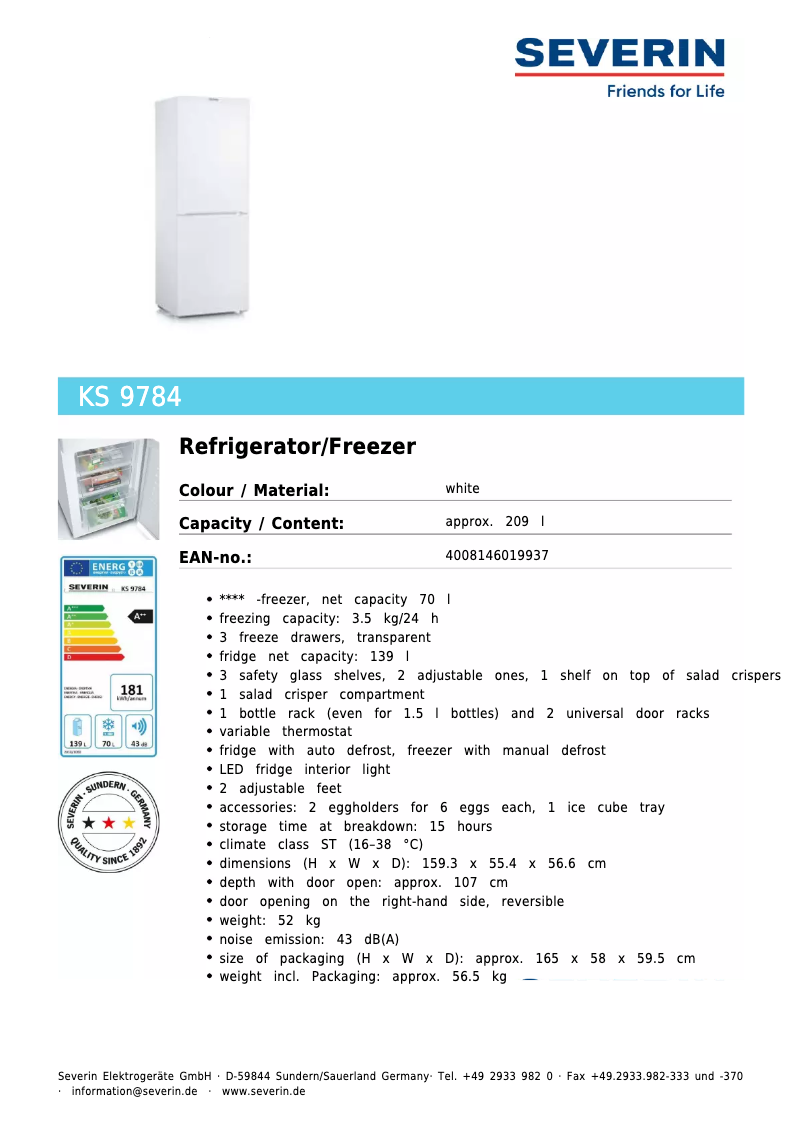 Page 1 de la notice Fiche technique Severin KS 9784