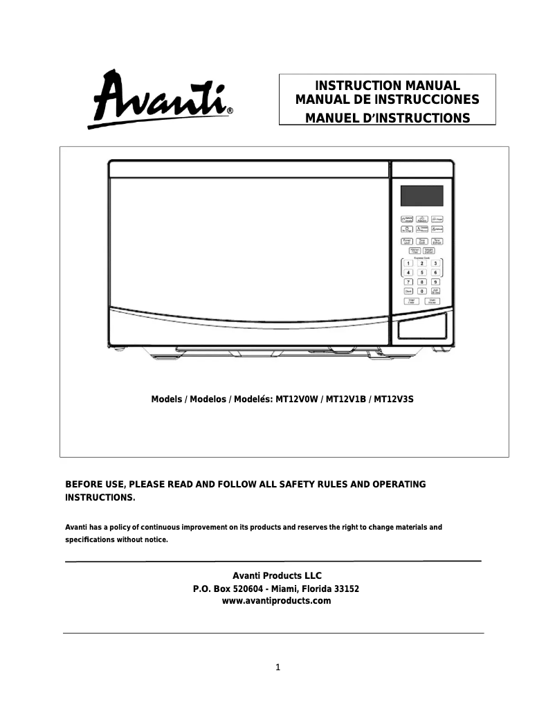 Page 1 of the manual User Manual Avanti MT12V0W