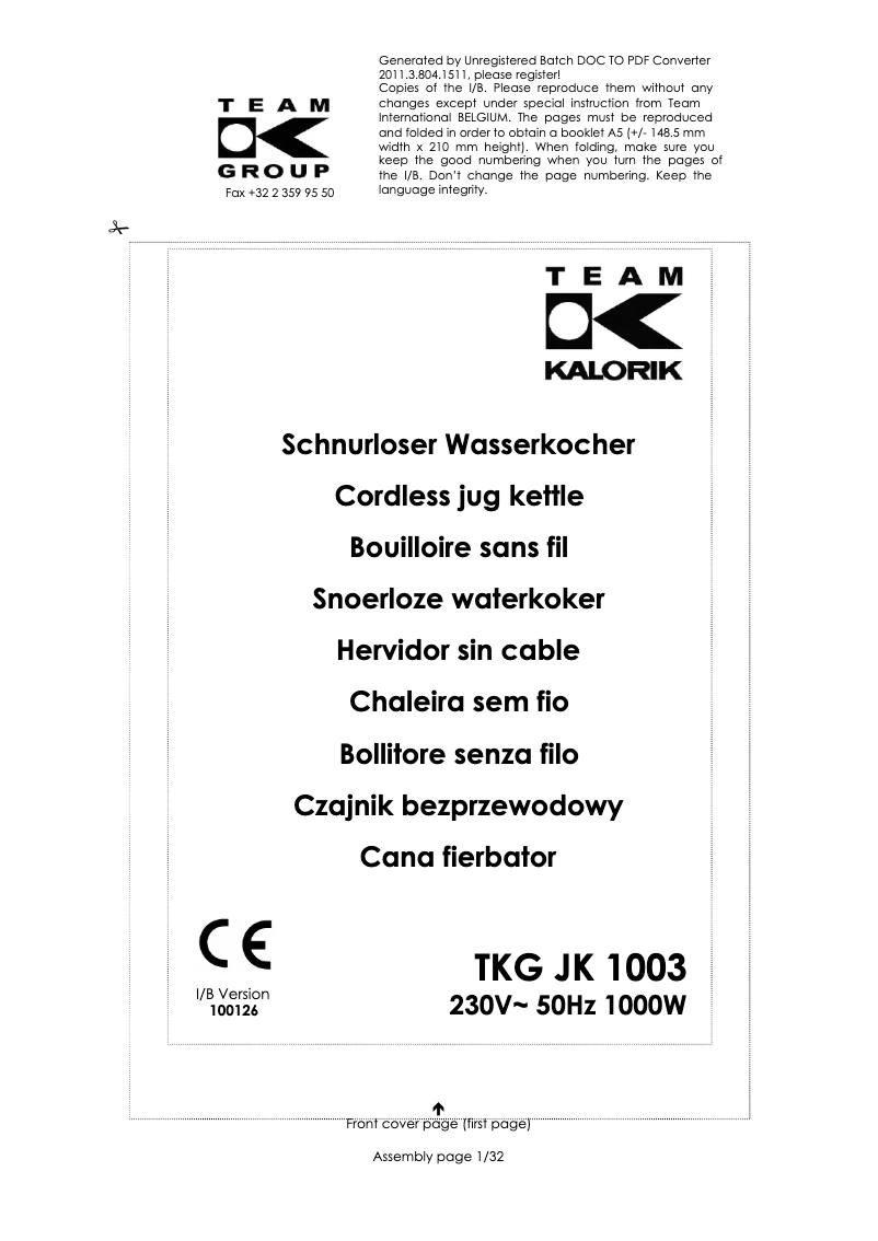 Page 1 de la notice Manuel utilisateur Kalorik TKG JK 1003