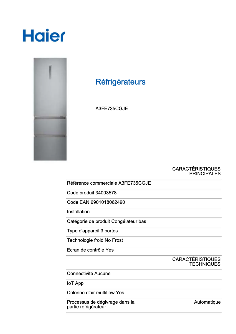 Página 1 del manual Ficha técnica Haier A3FE735CGJE