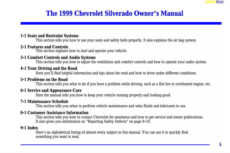 Page 1 de la notice Manuel utilisateur Chevrolet Silverado K1500 (1999)