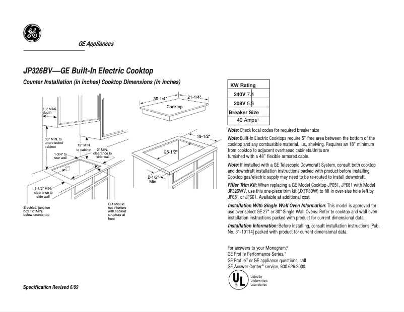 Page n°1 - Fiche technique GE JP326BVBB