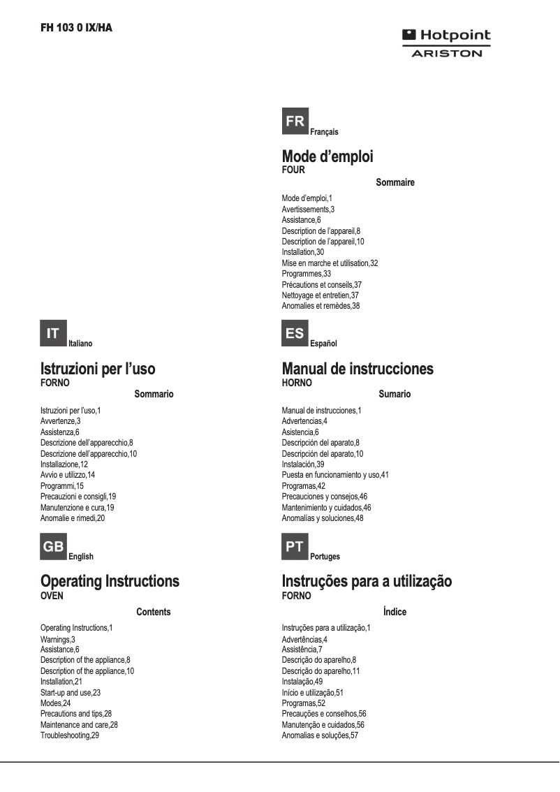 Página 1 del manual Manual de usuario Hotpoint Ariston FH 103 0 IX/HA