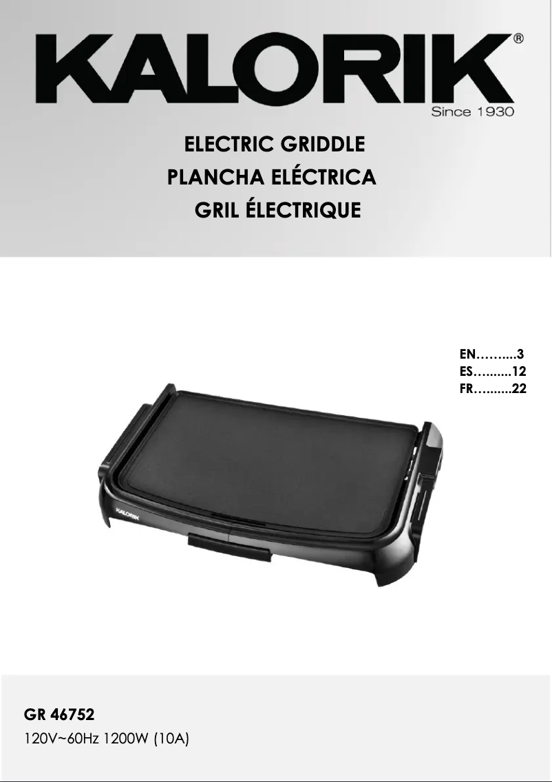 Page 1 de la notice Manuel utilisateur Kalorik GR 46752