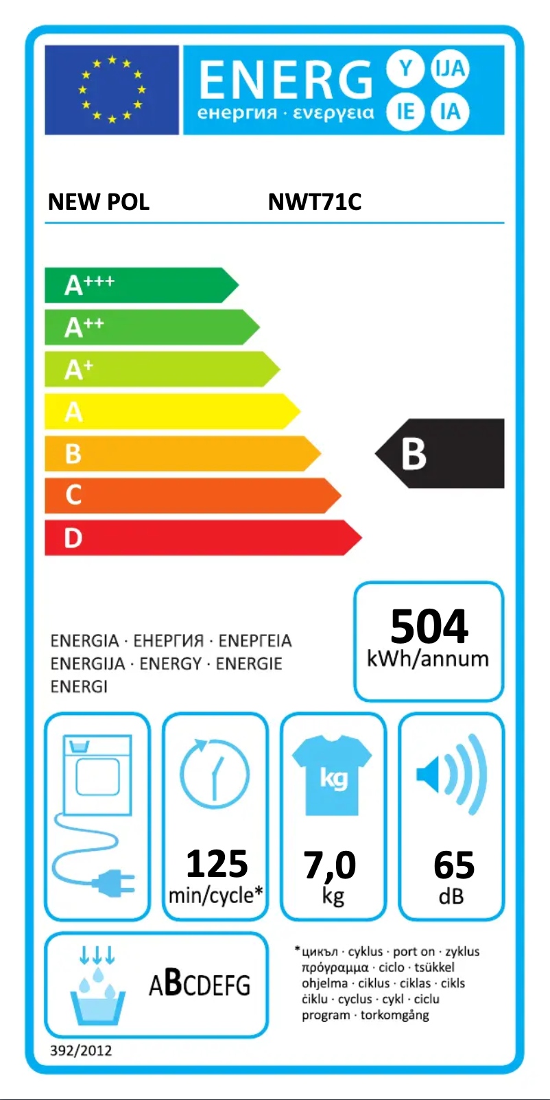 Page 1 de la notice Label énergétique New Pol NWT71C