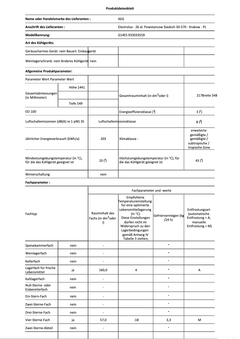 Page 1 de la notice Fiche technique AEG G14ES