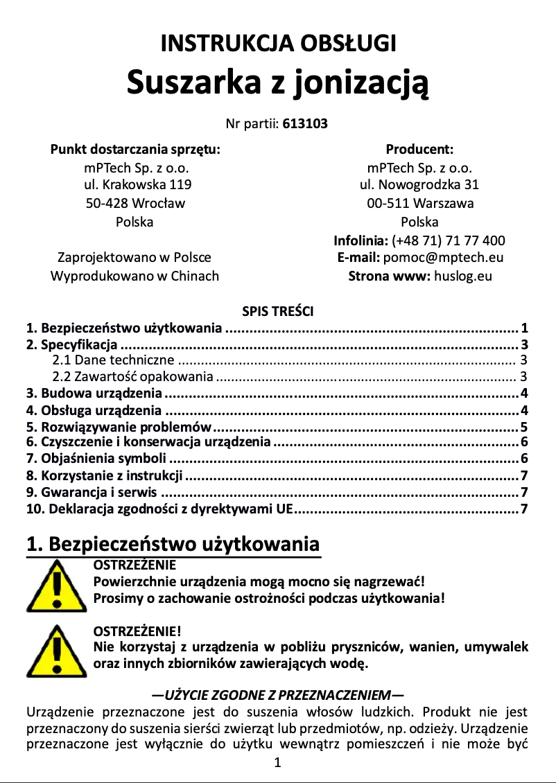 Page 1 de la notice Manuel utilisateur Huslog BE-500134