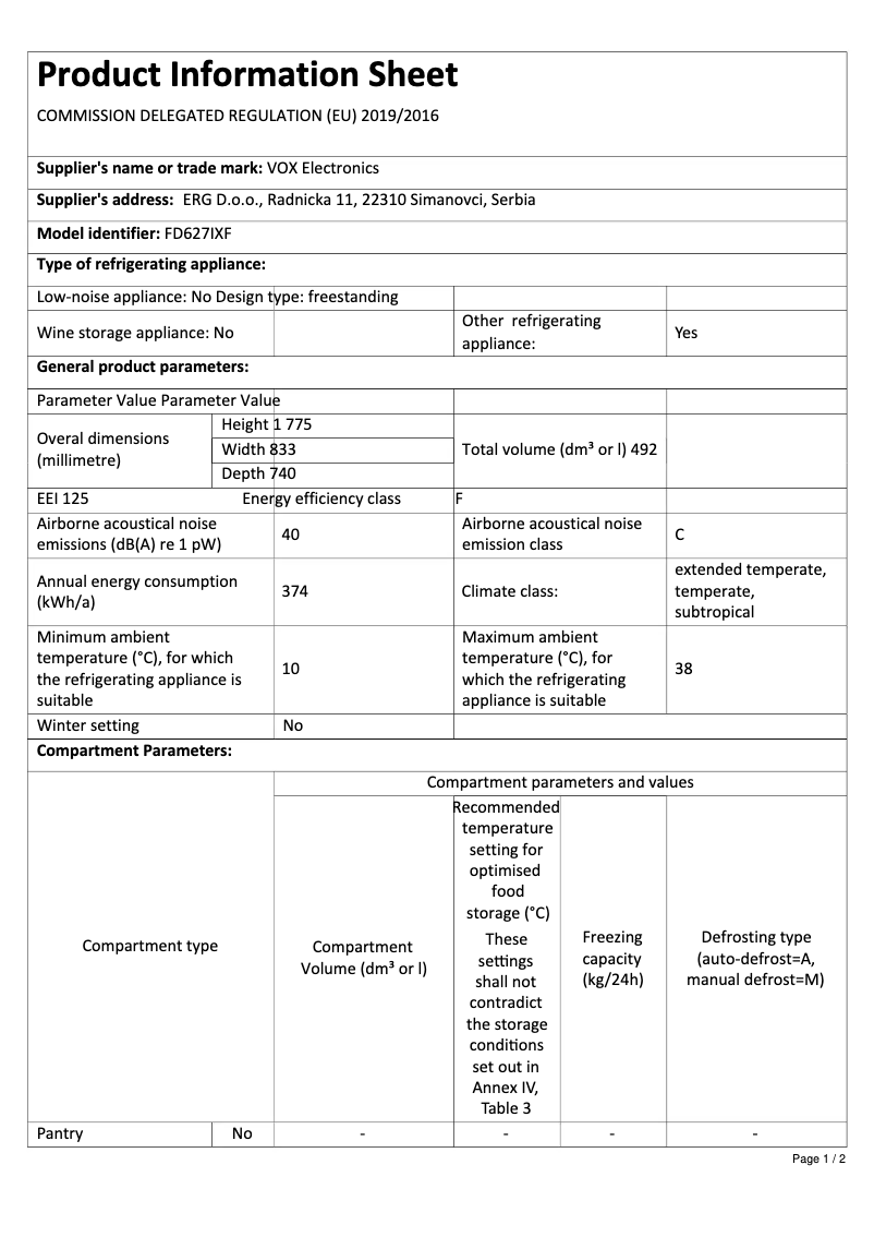 Page 1 de la notice Manuel utilisateur VOX FD627IXF