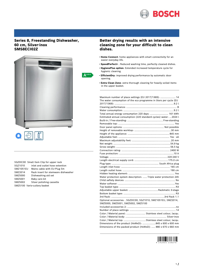 Page 1 de la notice Fiche technique Bosch SMS8ECI02Z
