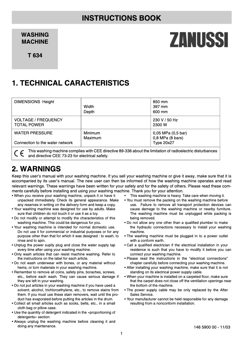 Page 1 de la notice Manuel utilisateur Zanussi T634