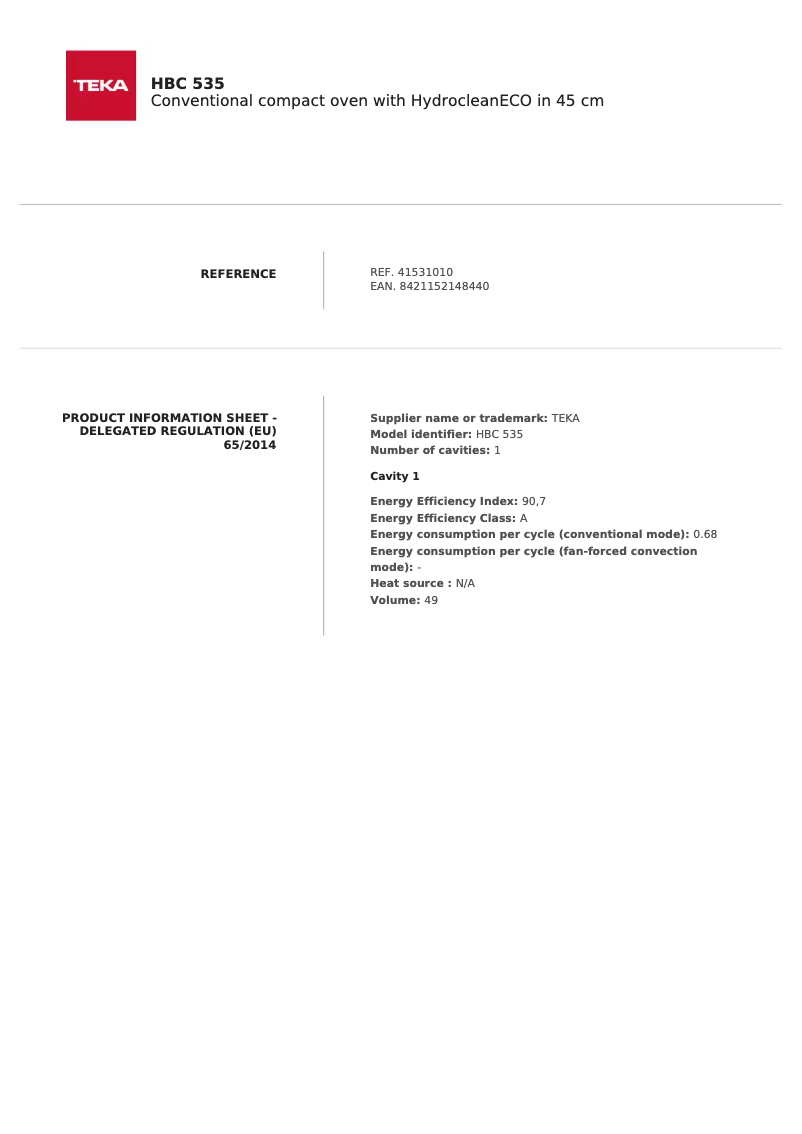 Page 1 de la notice Fiche technique Teka HBC 535