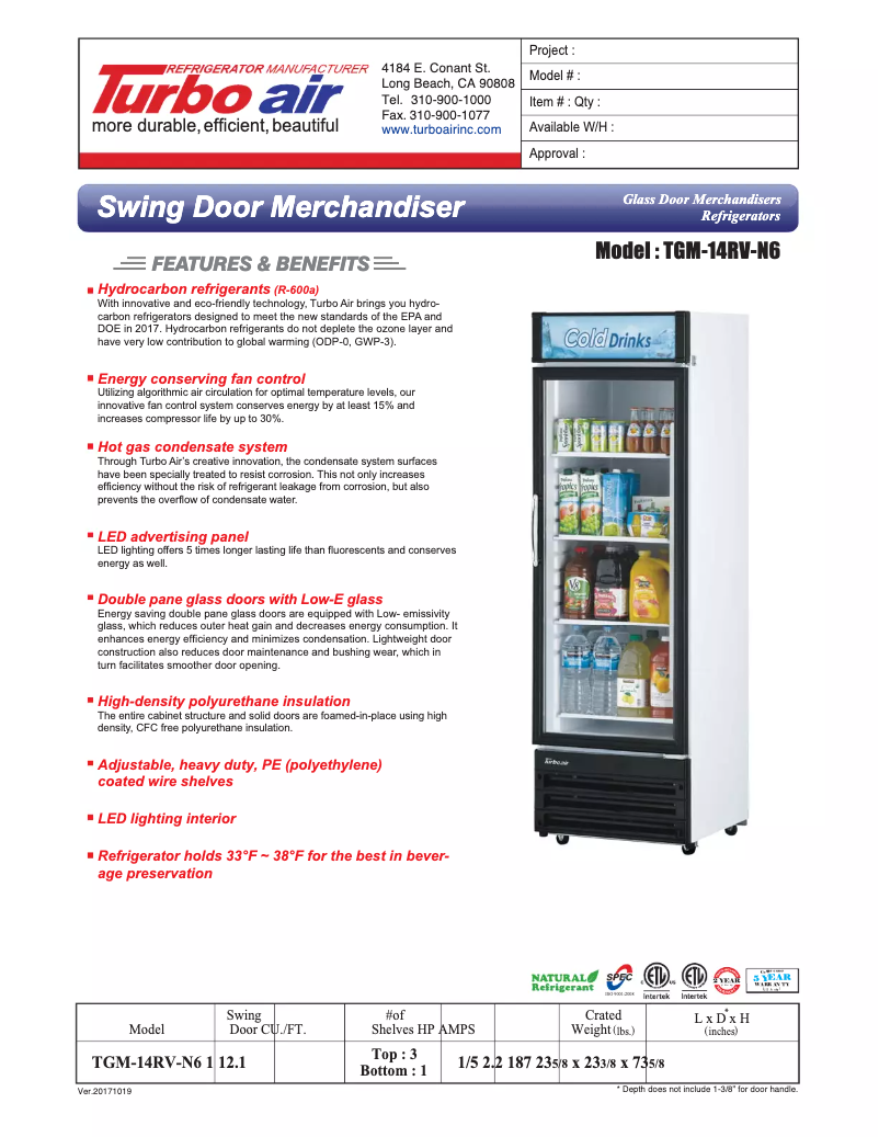 Página 1 del manual Ficha técnica Turbo air TGM-14RV