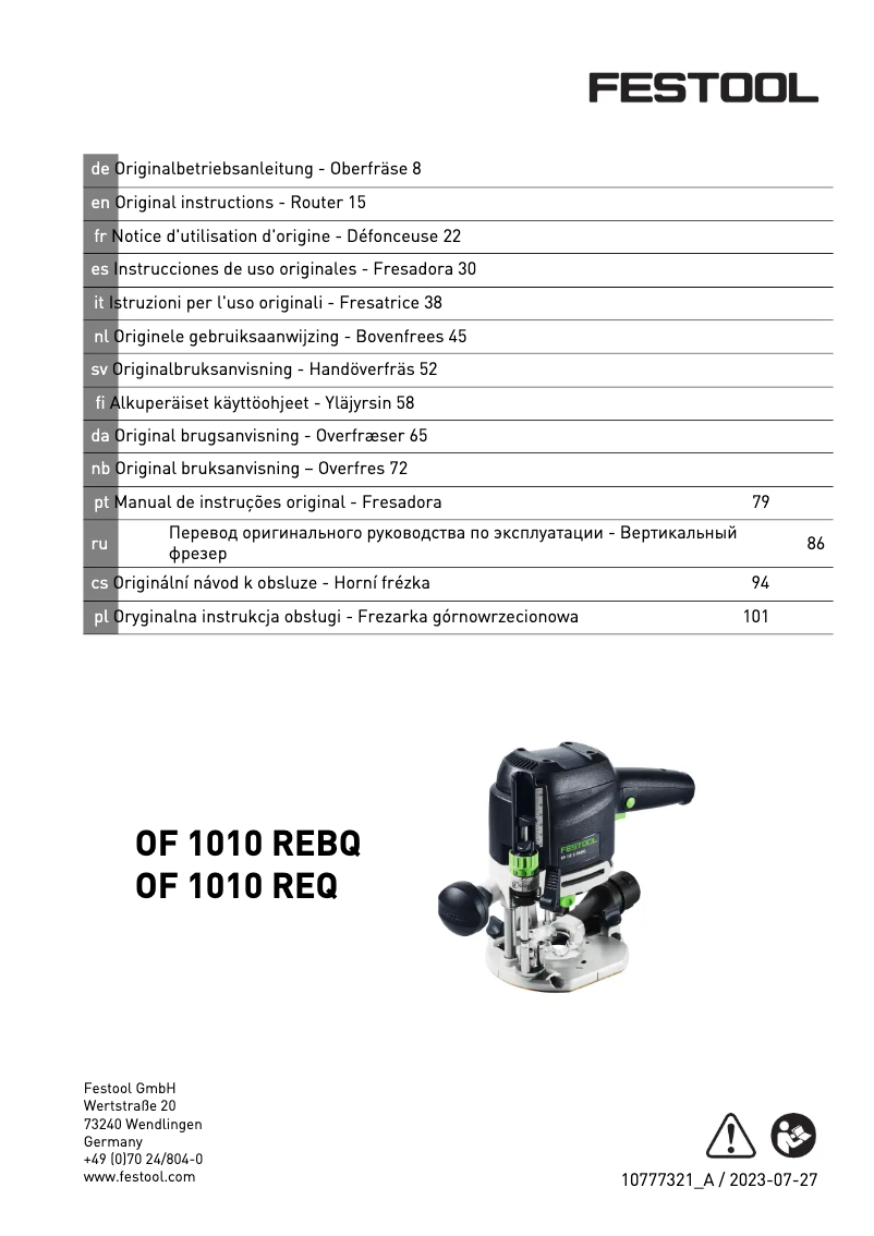 Page 1 of the manual User Manual Festool OF 1010 R