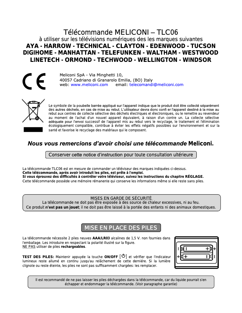 Page 1 de la notice Manuel utilisateur Meliconi TLC06