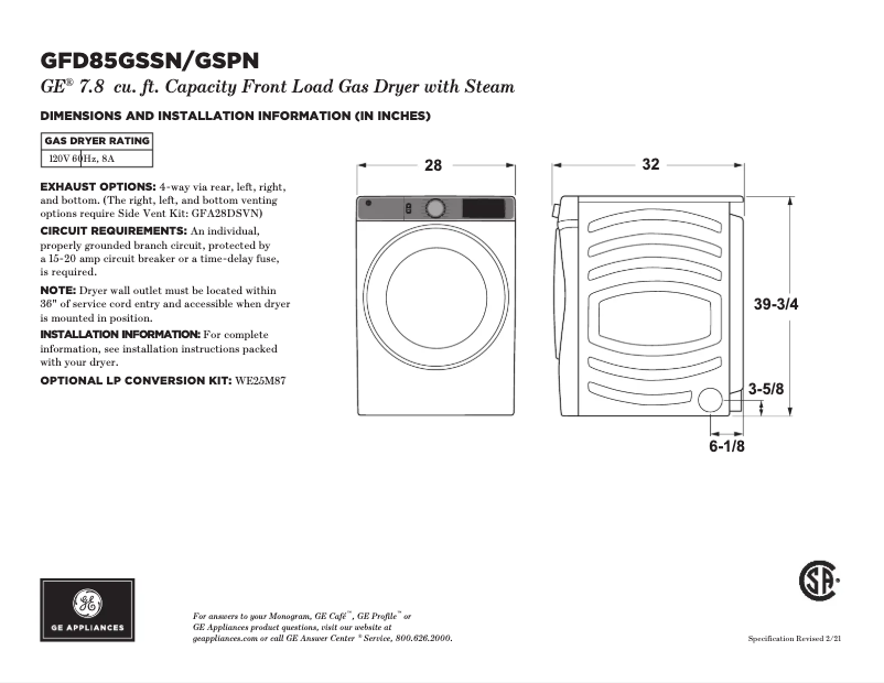 Page 1 of the manual Technical Sheet GE GFD85GSPNRS