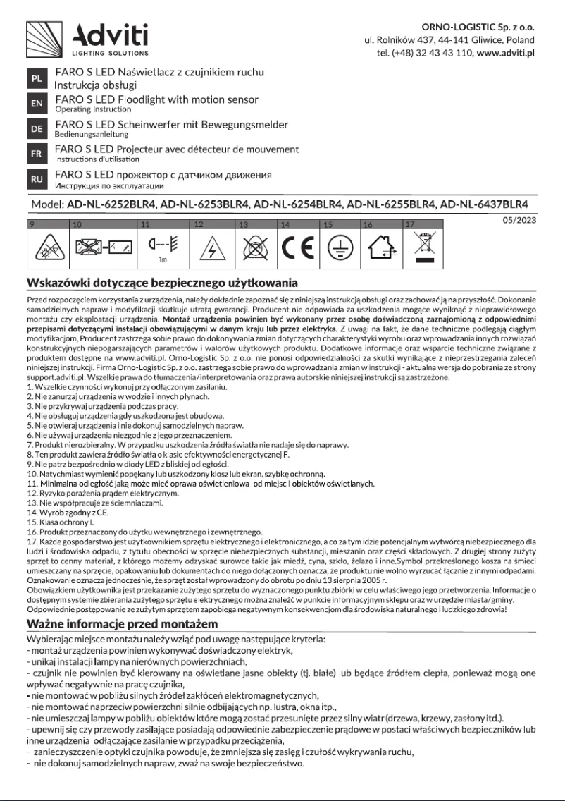 Page 1 de la notice Manuel utilisateur Adviti AD-NL-6252BLR4
