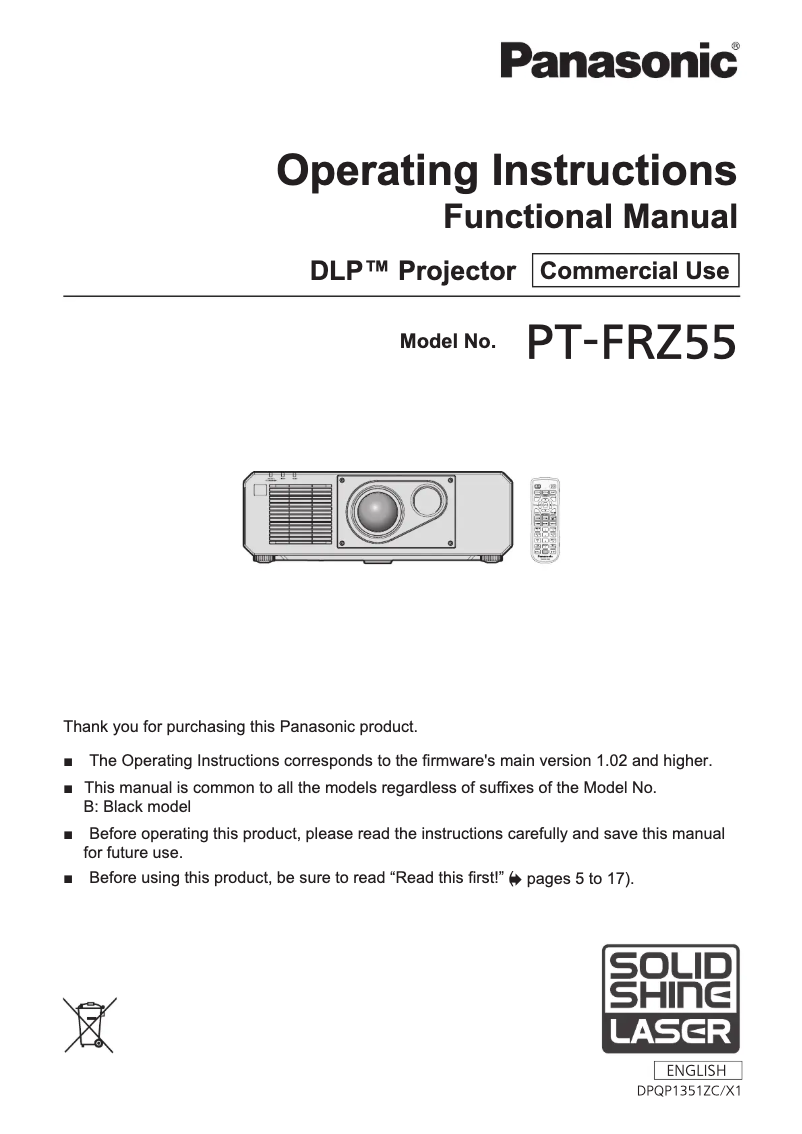Page 1 of the manual User Manual Panasonic PT-FRZ55