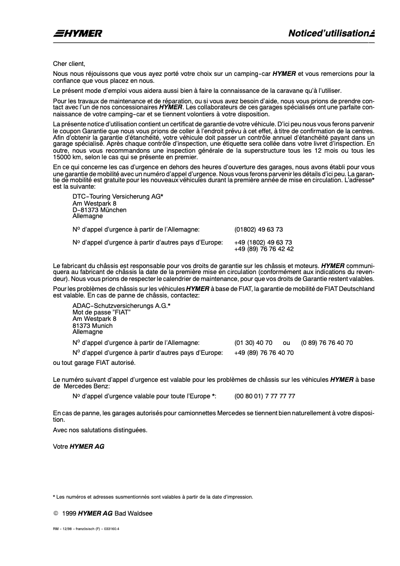 Page 1 de la notice Manuel utilisateur Hymer B544 (1999)