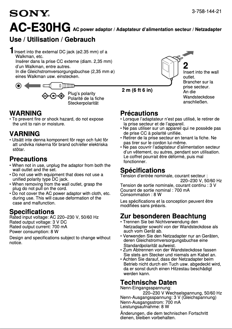Page 1 de la notice Manuel utilisateur Sony AC-E30HG