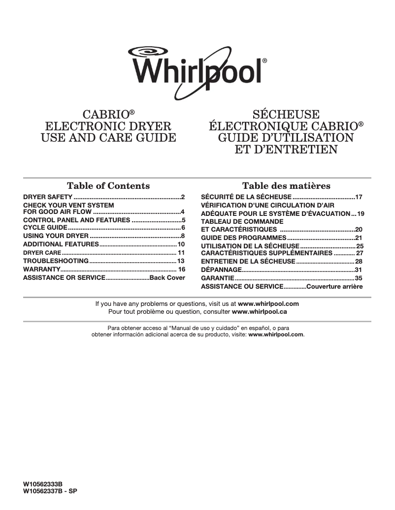 Page 1 de la notice Manuel utilisateur Whirlpool Cabrio WED8500BW