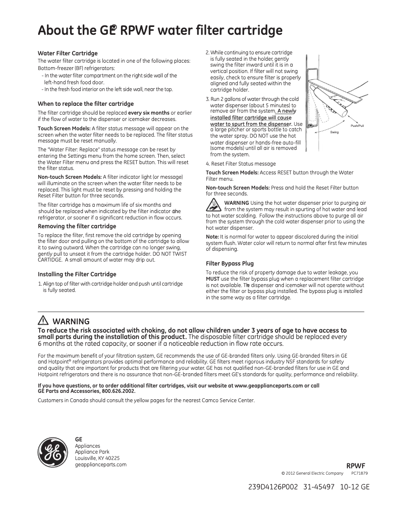 Página 1 del manual Manual de uso y mantenimiento GE RPWF3PK
