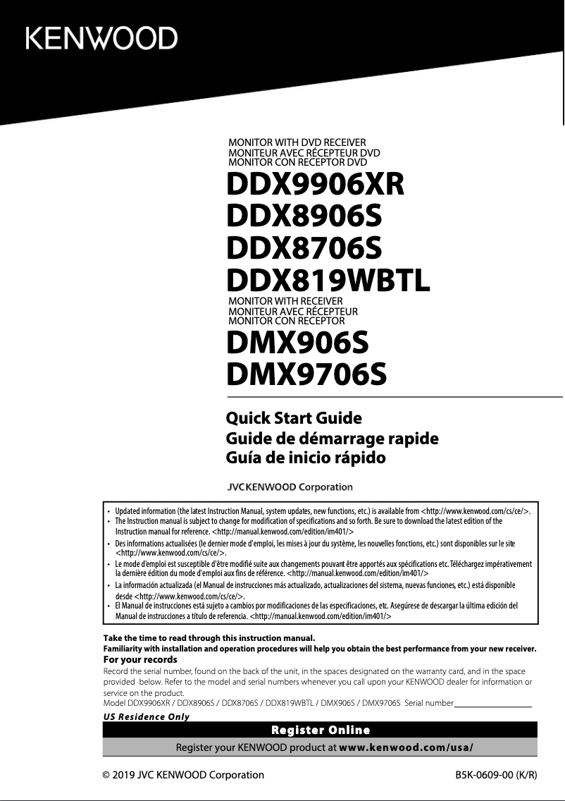 Page 1 de la notice Guide de démarrage rapide Kenwood Excelon DDX9906XR