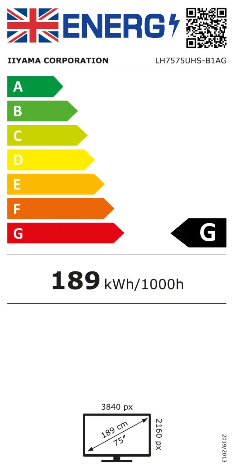 Page 1 de la notice Label énergétique Iiyama ProLite LH7575UHS