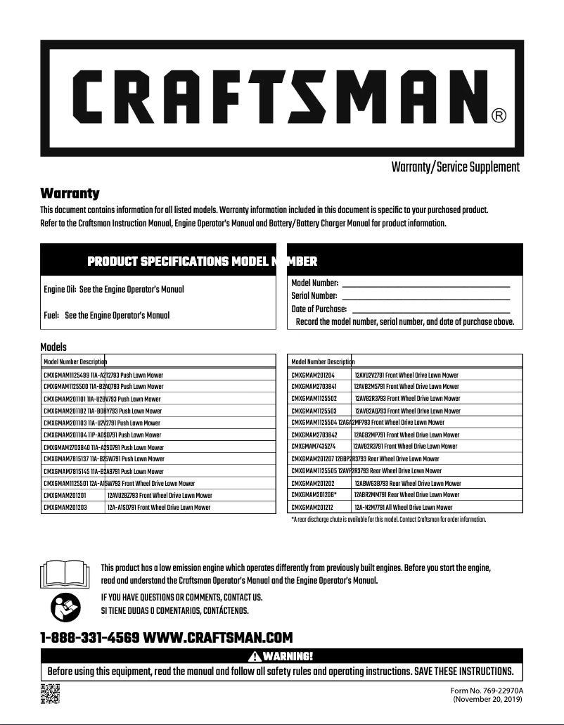 Page 1 de la notice Manuel utilisateur Craftsman CMXGMAM201101