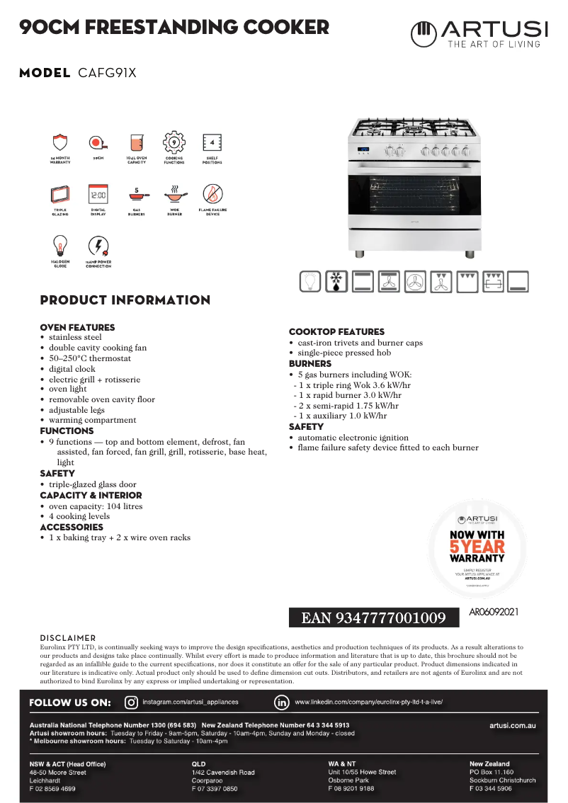 Page 1 de la notice Fiche technique Artusi CAFG91X