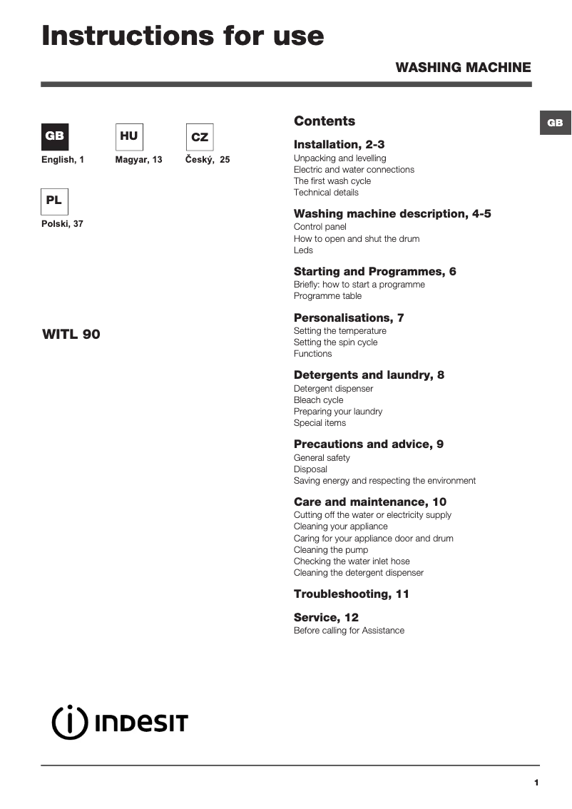 Page 1 de la notice Manuel utilisateur Indesit WITL 90 (EU)