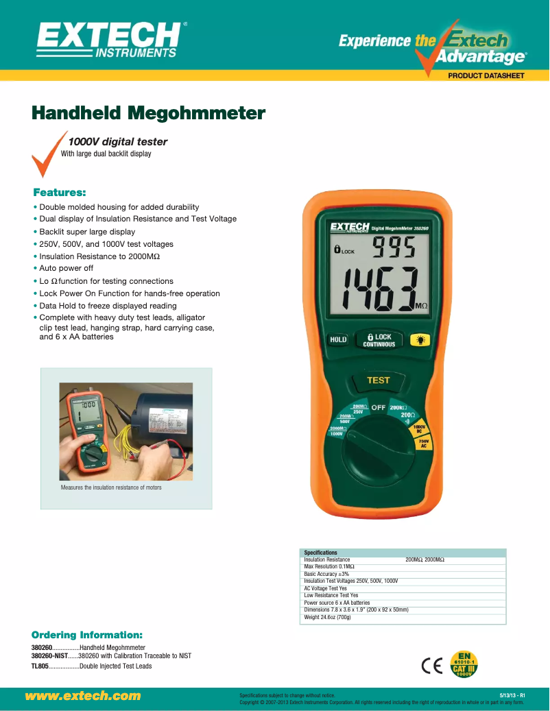 Page 1 de la notice Fiche technique Extech 380260