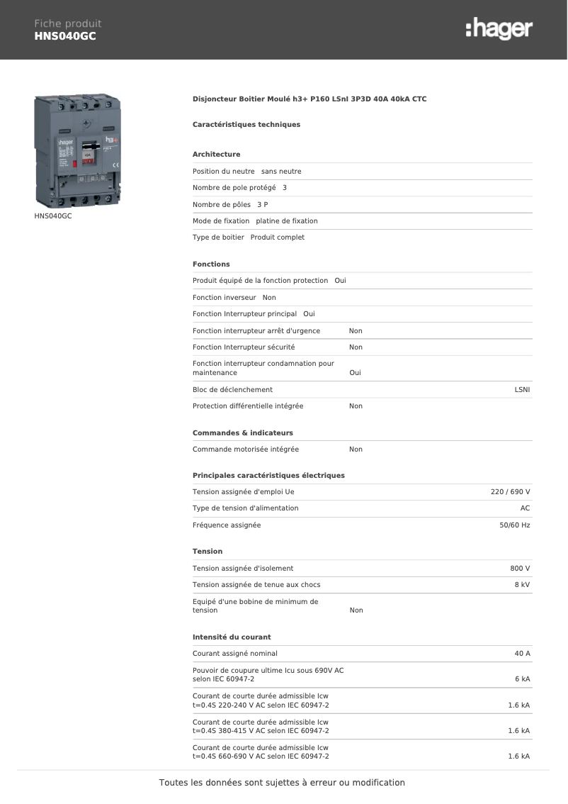 Página 1 del manual Ficha técnica Hager HNS040GC