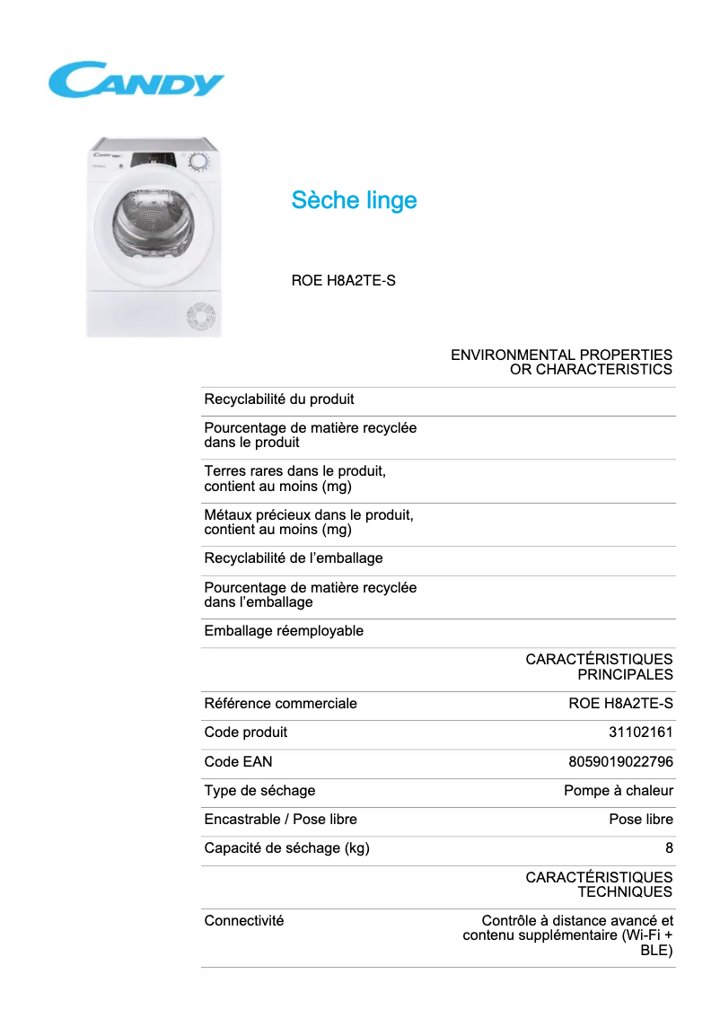 Page 1 de la notice Fiche technique Candy ROE H8A2TE-S