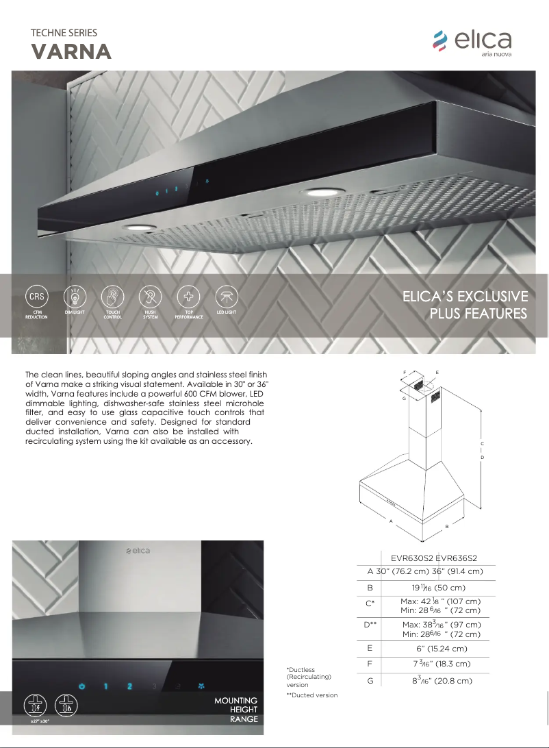 Page 1 de la notice Fiche technique Elica Techne EVR630S2
