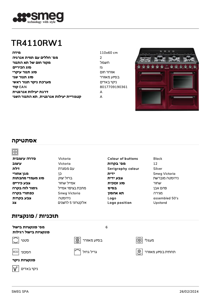 Page 1 de la notice Fiche technique Smeg TR4110RW1