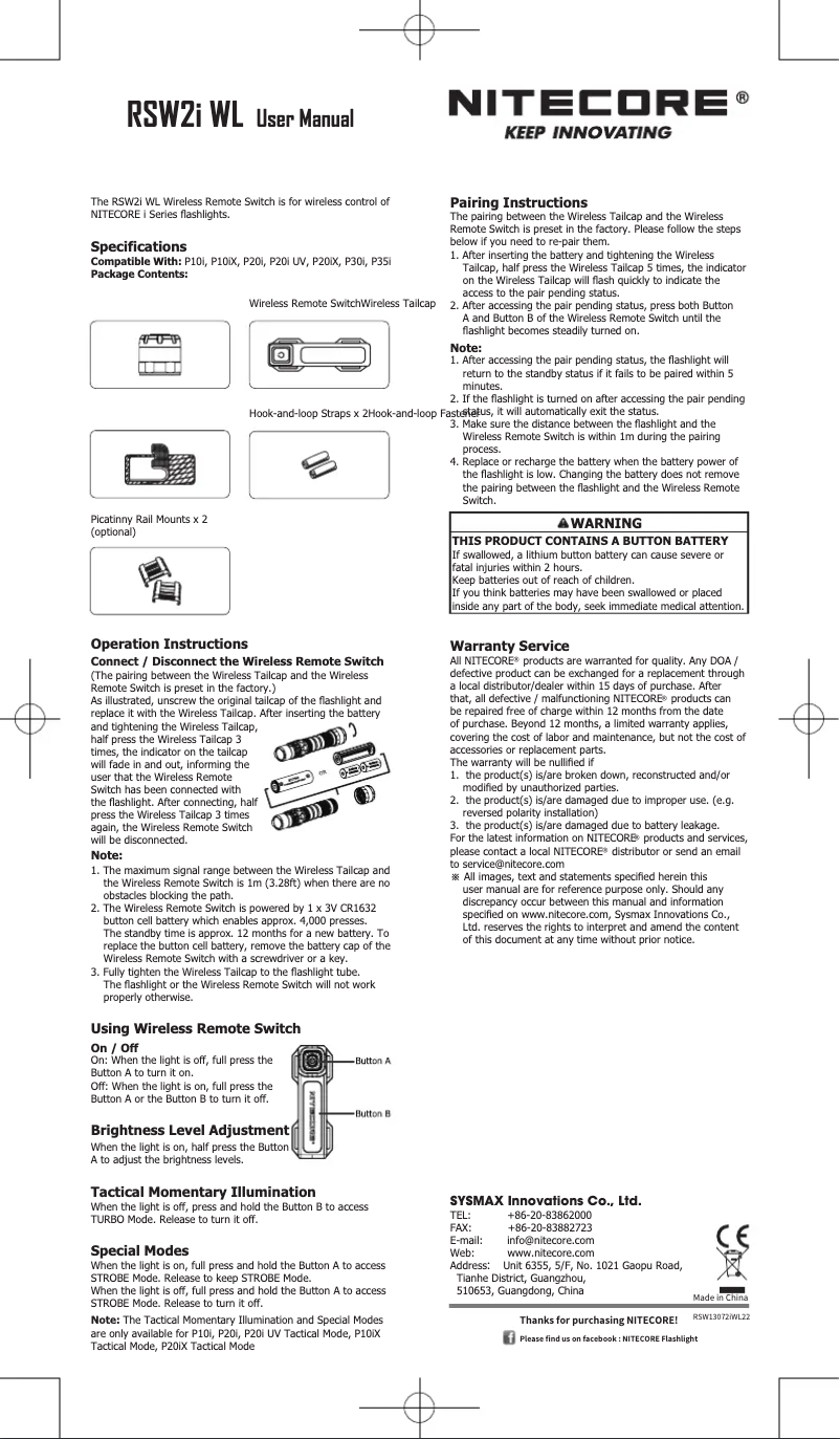 Page 1 de la notice Manuel utilisateur Nitecore RSW2i WL