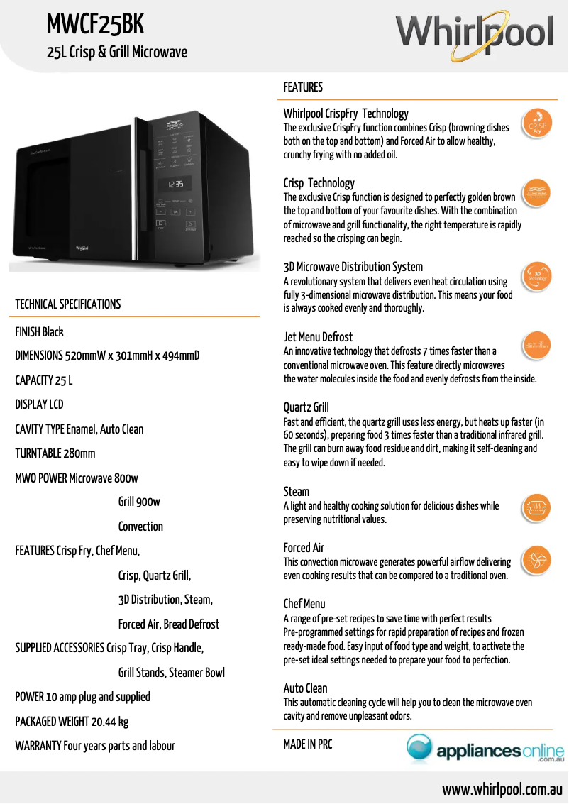 Page 1 de la notice Fiche technique Whirlpool MWCF25BK